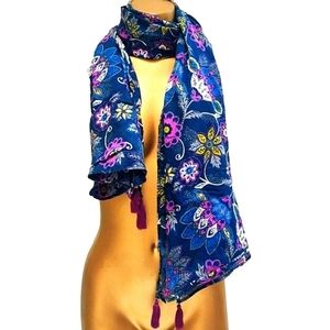 Floral Blue Purple Yellow Shawl Scarf Lightweight Tassel